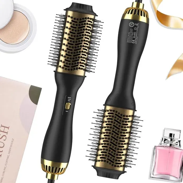 TQQ Brosse Soufflante 2.0 - Brosse Chauffante Volumisante Salon One-Step pour Cheveux Or Noir