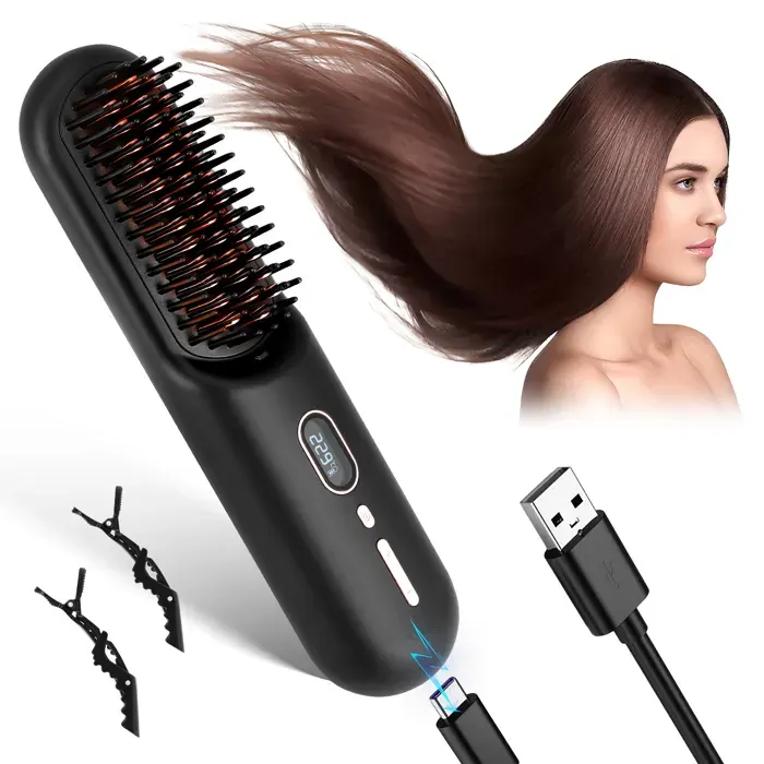 TTLIFE Brosse Lissante Chauffante Mini Brosse Chauffante Ions Négatifs sans Fil Anti-BrûLure Lisseur Cheveux USB Rechargeable