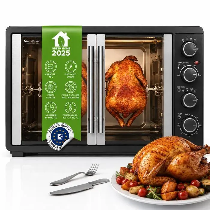 TurboTronic FEO45 - Four électrique 45 L - Four de table chaleur tournante - Mini four- Portes françaises - 2000 W - 230°C — coloris Noir