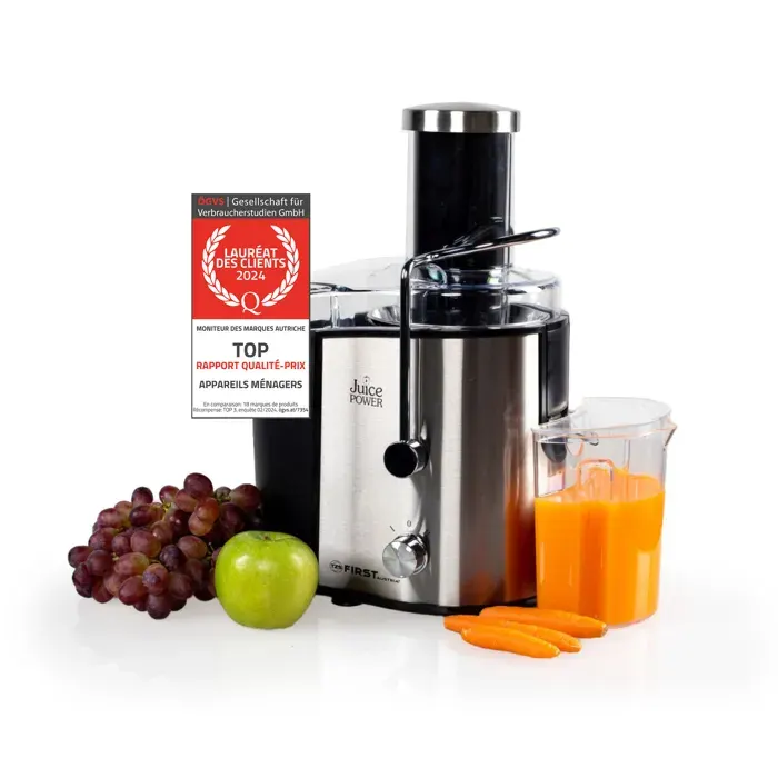 TZS First Austria Machine à Jus Extracteur Centrifugeuse Large Bouche en Acier Inox 75 mm 2 Niveaux de Broyage de Fruits Mous ou