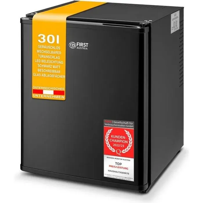 TZS First Austria - Mini réfrigérateur 30L complètement silencieux - Minibar pour camping bureau chambre & hôtel - Noir mat