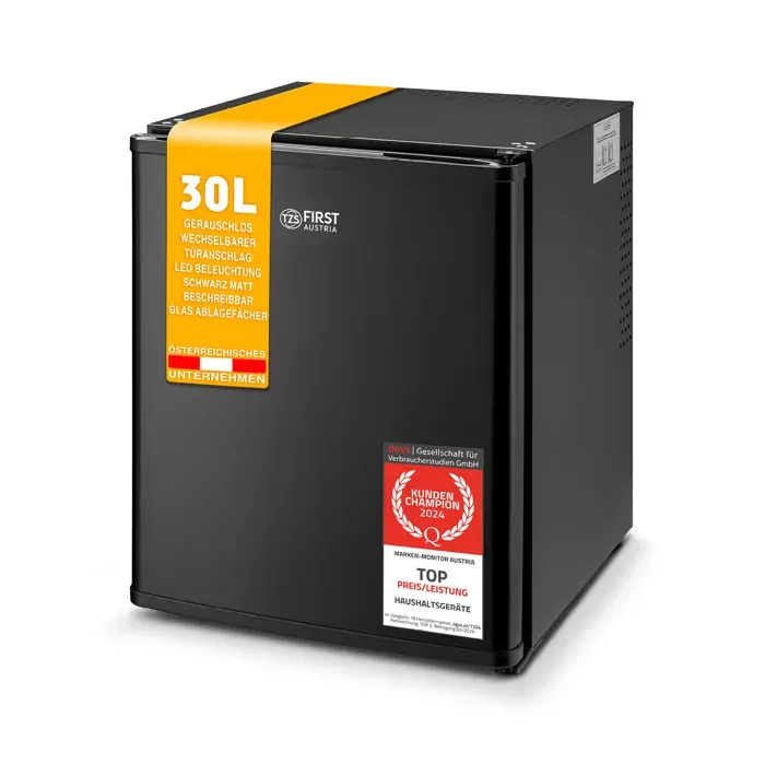 TZS First Austria - Mini réfrigérateur 30L complètement silencieux - Minibar pour camping bureau chambre & hôtel - Noir mat