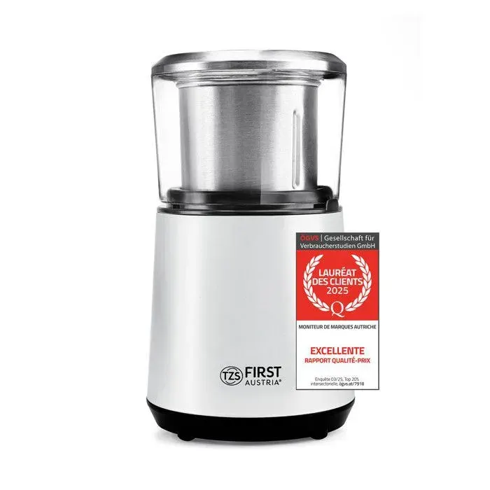 TZS First Austria – Moulin à Café 200 W 2-en-1 – Hachoir et Grinder avec Bol Inox 50 g Amovible 4 Lames Acier Inox – Blanc — coloris Blanche