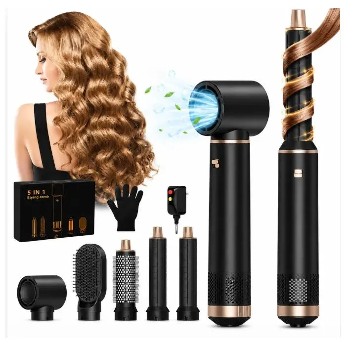 UKLISS Brosse Soufflante et Sèche-Cheveux 5 en 1 - Technologie Ionique Anti-frisottis - Brosse Chauffante Céramique 1000W - Noir