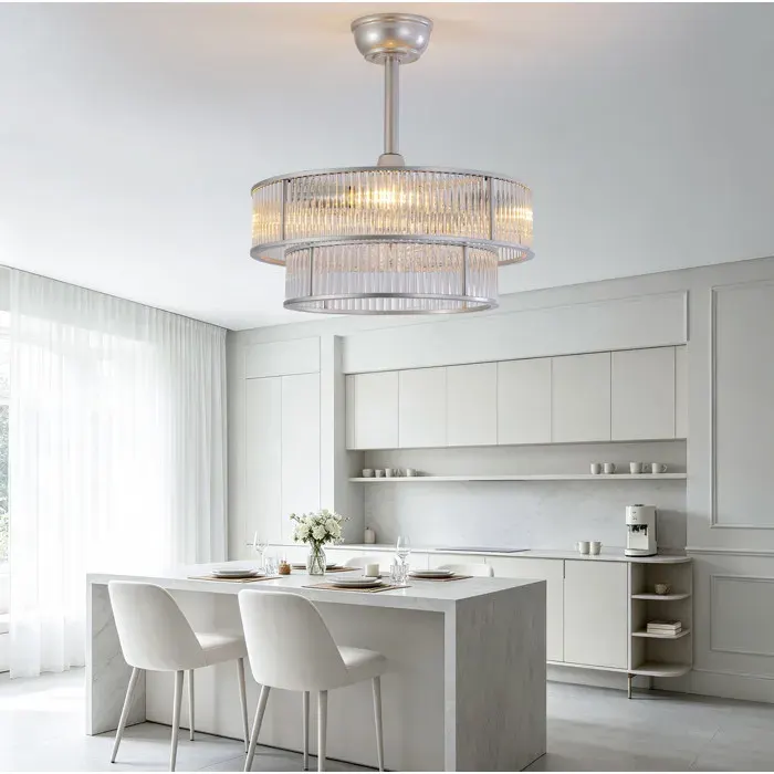 ULEVR Plafonnier ventilateur 19 pouces gris en métal et verre cristal Bluetooth télécommande 6 vitesses