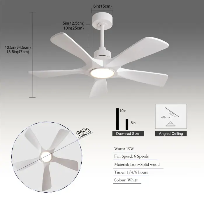 ULEVR ventilateur de plafond 106 cm blanc avec LED 5 pales en bois télécommande 6 vitesses moteur DC réversible