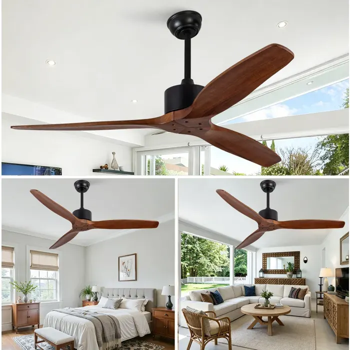 ULEVR ventilateur de plafond 132 cm sans éclairage 3 pales en bois noyer foncé noir télécommande 6 vitesses