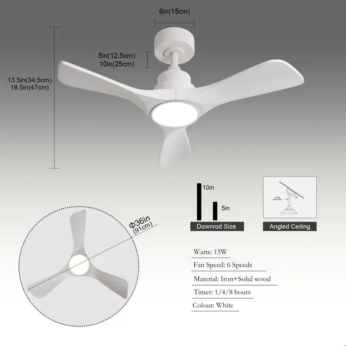 ULEVR ventilateur de plafond 36 pouces blanc avec LED 3 pales en bois télécommande moteur DC réversible 6 vitesses