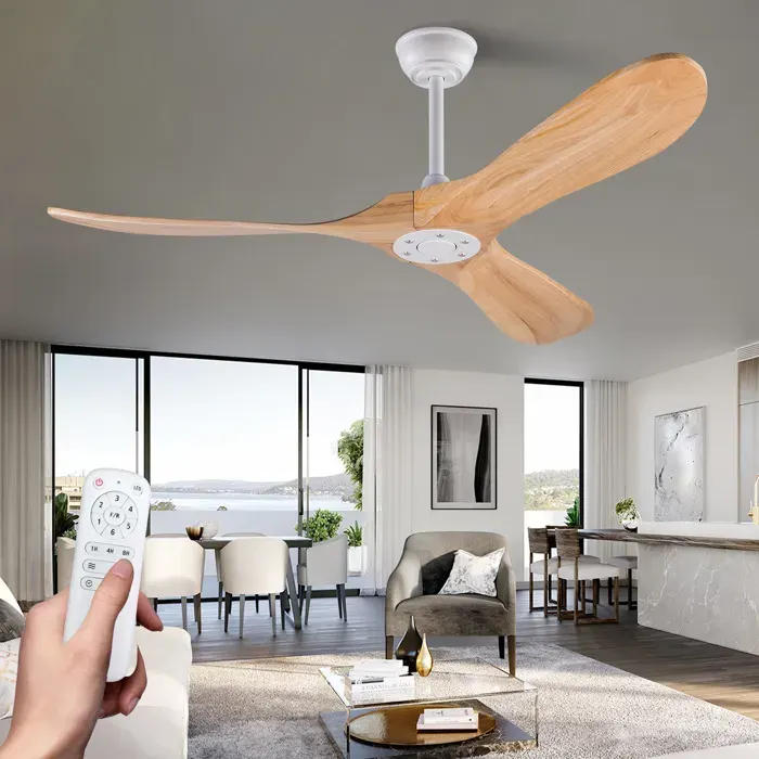 ULEVR Ventilateur de plafond 52 pouces en bois naturel 3 pales télécommande moteur DC silencieux réversible sans éclairage