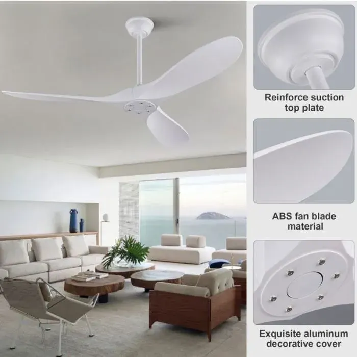 ULEVR Ventilateur de plafond blanc 52 pouces sans lumière télécommande pales ABS moteur DC réversible mi VENTILATEUR DE PLAFOND