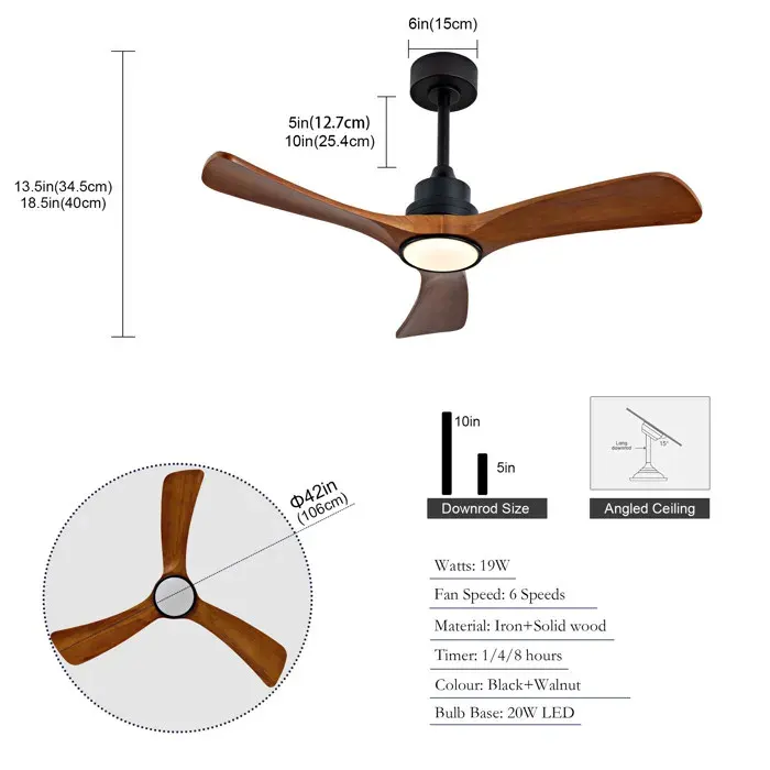 ULEVR Ventilateur de plafond LED 42 pouces 3 pales en bois massif noir et noyer moteur DC réversible télécommande
