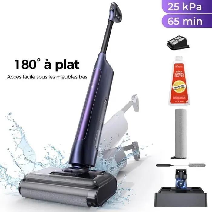 Ultenic AC1 TFlex Aspirateur Balai Laveur 25 kPa 65 MinDesign Plat à 180° Humide et Sec 15 L Nettoyage des Bords 0mm
