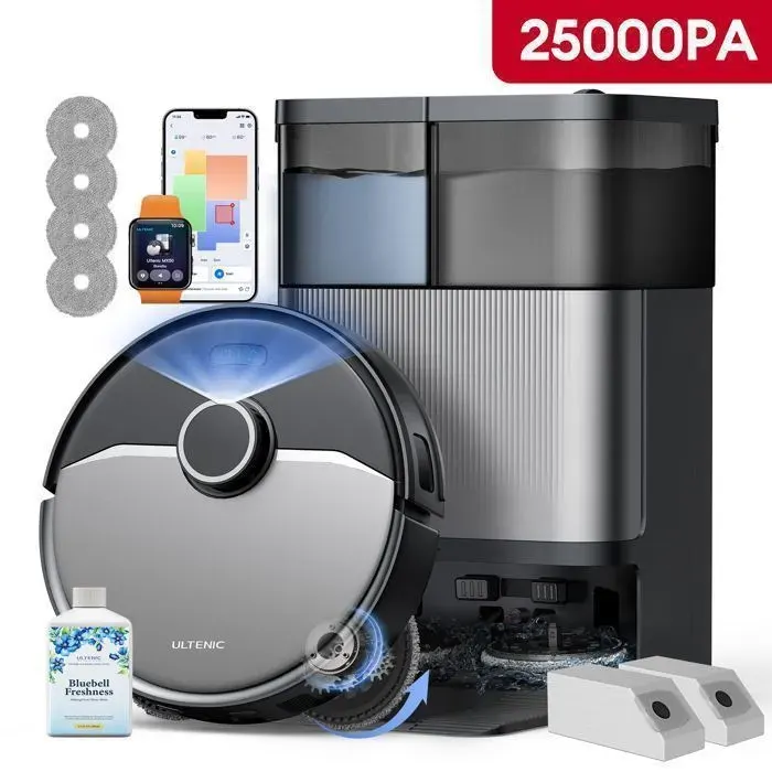 Ultenic M50 Aspirateur Robot Laveur – Station Auto Lavage à 65°C 25 000 Pa Navigation LiDAR Idéal Poils dAnimaux & Tapis
