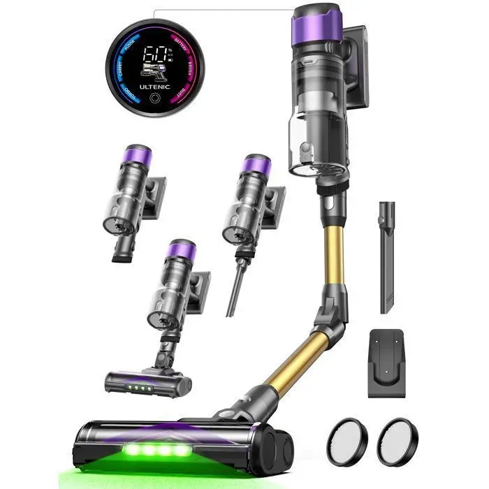 Ultenic UV20 Aspirateur Balai sans Fil –600 W puissant – 60 min/ 80 kPa – Batterie amovible – Tube pliable –Auto-portant - GreenEye