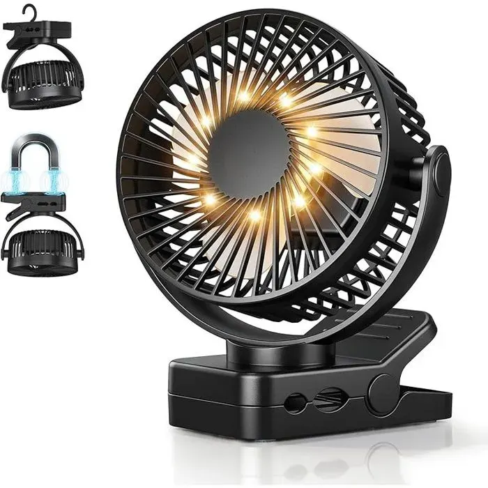 USB Ventilateur Table de 12000mAh 4-en-1 Ventilateur Portable avec Télécommande 3 Vitesses Lumière LED Minuterie 360° RotationNoir