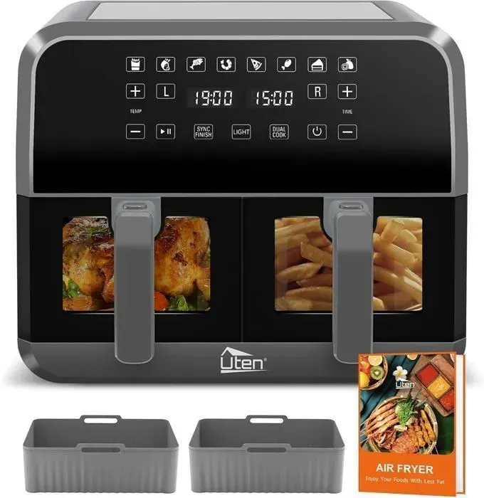 UTEN Friteuse à Air Sans Huile 8LAir Fryer 2 Compartiments - 1700 W - 8 ProgrammesFenêtre TransparenteTempérature Réglable