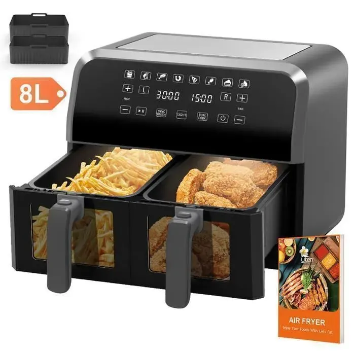 UTEN Friteuse Sans Huile Double Zone 8LAir Fryer 2 Compartiments 4L+4L Cuisson Synchronisée 1700W Écran Tactile Fenêtre Visible
