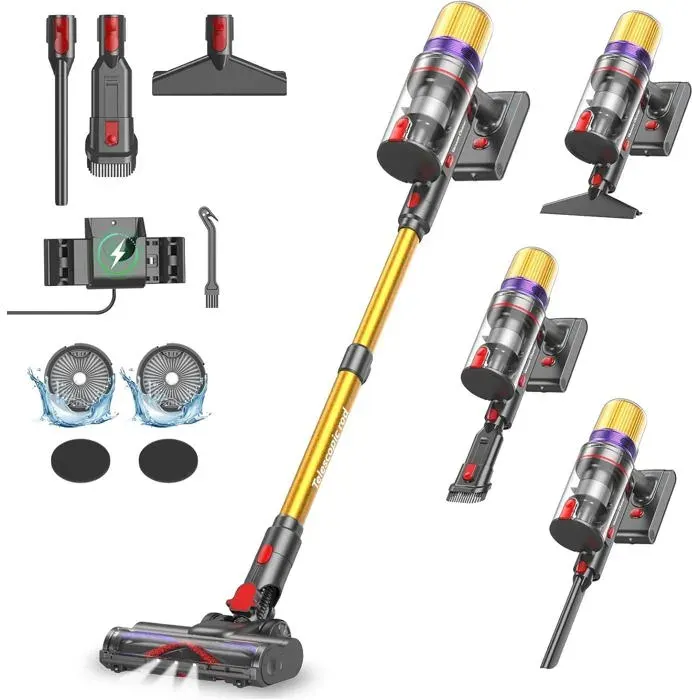 V16 Aspirateur Balai Sans Fil 55Kpa/600W/80Mins Aspirateur Sans Fil Puissant Écrans Tactiles Led Mode Automatique Brosse Anti-E