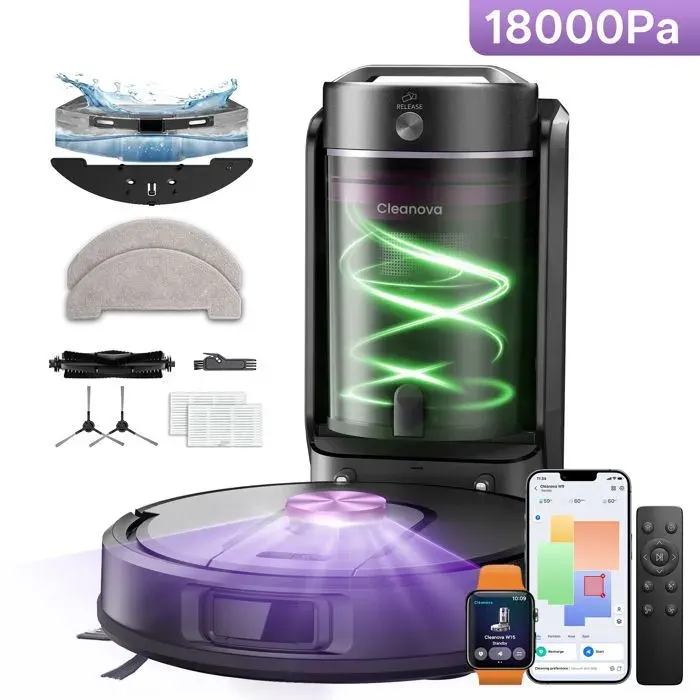 Vactidy Cleanova W15 - Aspirateur Robot Laveur avec Station sans Sac 4L 18000Pa Ultra-Puissant 200Min navigation LiDAR