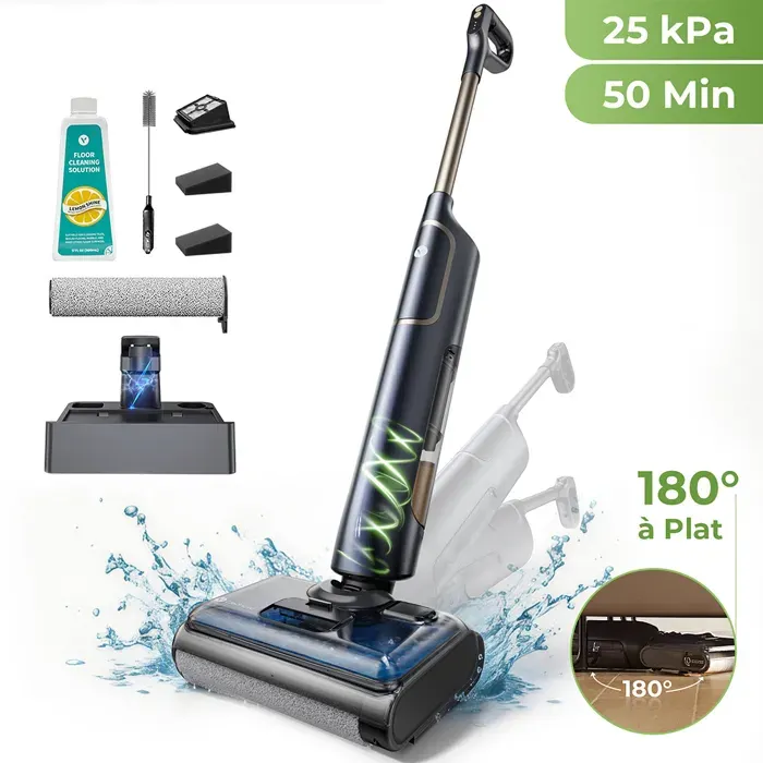 Vactidy Cleanova X7 - Aspirateur Balai Laveur Sans Fil - 25 kPa 50 Min 14 L - inclinable à 180° - Nettoyage de Bord - Humide/Sec