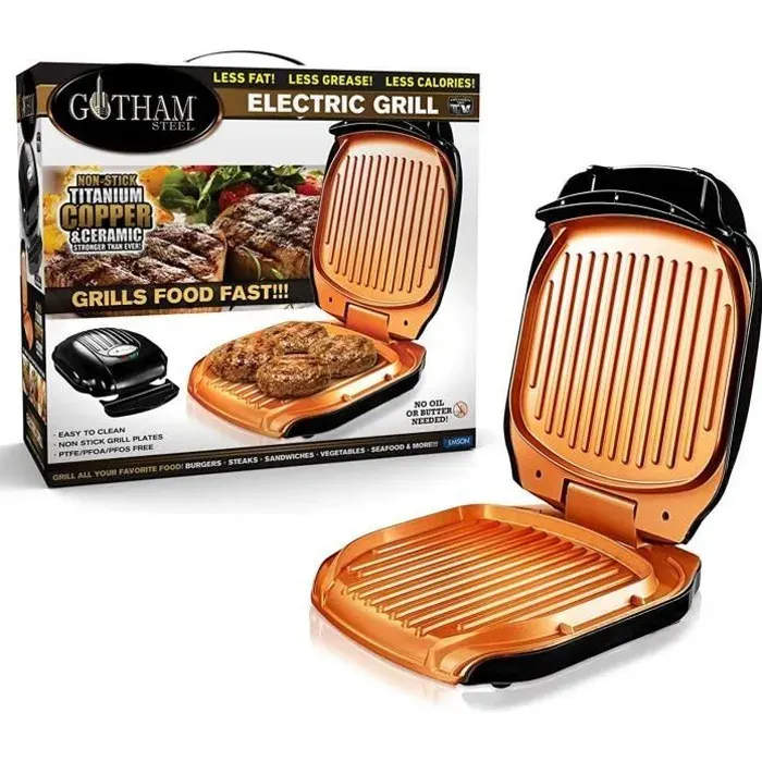 VENTEO – Gotham Grill Electrique Low Fat Grill avec revêtement antiadhésif Céramique Cuivre et Titane Bac Récupérateur