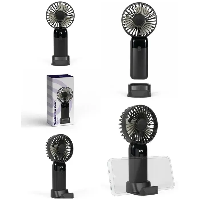 Ventilateur 2 en 1 - LIVOO - Sans fil rechargeable - Écran digital - Support téléphone - 5 vitesses — coloris Noire