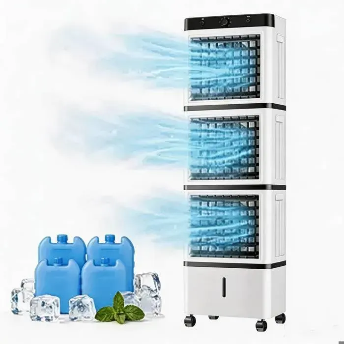 Ventilateur 3-en-1 avec Réservoir dEau 3 Vitesses Oscillation 360° Glaçons Minuterie 12H Ultra Silencieux 45 dB Roulettes