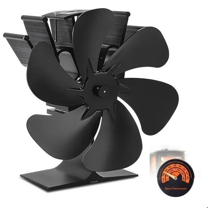 Ventilateur - 6 Pales avec Thermomètre - Noir - Sur socle - 142x114x197mm