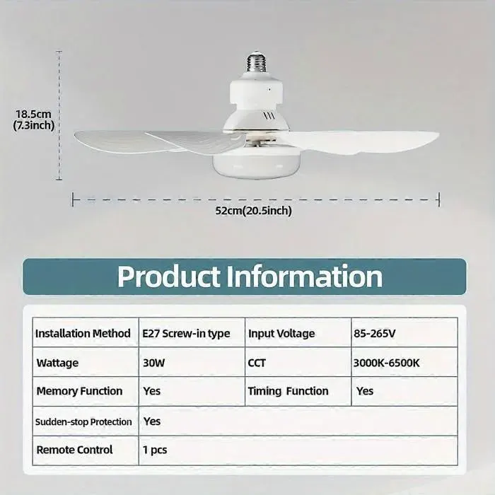 ventilateur à douille ventilateur de plafond à vis avec lumières et télécommande ampoule E26/E27 facile à installer base de r