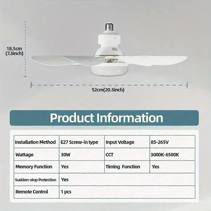 ventilateur à douille ventilateur de plafond à vis avec lumières et télécommande ampoule E26/E27 facile à installer base de r