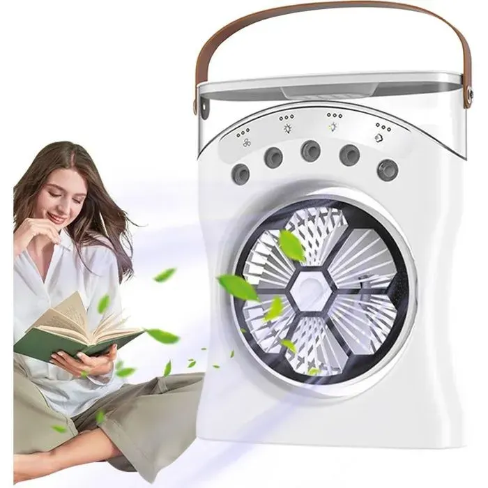 Ventilateur à jet deau rechargeable avec lumière rotation à 180 degrés et ventilateur de refroidissement à 3 vitesses blanc