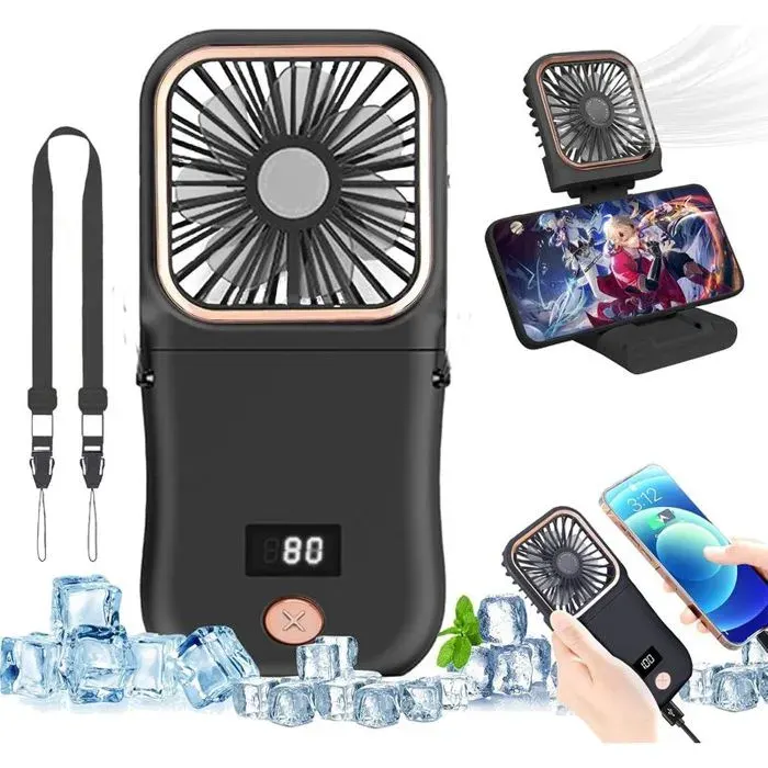 Ventilateur à Main Pliable Rechargeable 3 Vitesses et Fonction Power Bank-Noir