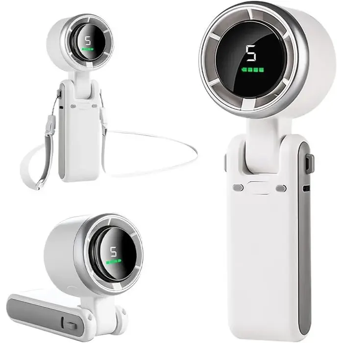 Ventilateur à main rechargeable portable avec 5 vitesses réglable à 180 ° avec écran LED corde de suspension