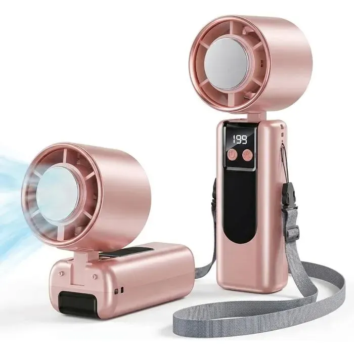 Ventilateur à Main Rechargeable Ventilateur Portable avec Écran Digital Vitesse Réglable pour Voyage et Extérieur Rose