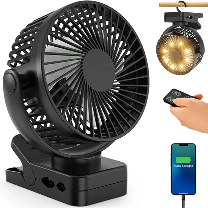 Ventilateur à pince - 12000 mAh avec télécommande rechargeable par USB avec lumières LED 3 vitesses(6 Inch) — coloris Noir