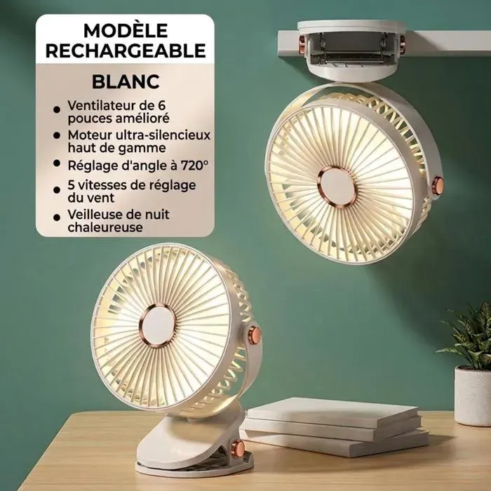 Ventilateur à pince 6 pouces rechargeable USB silencieux 6 vitesses rotation 720° veilleuse ambiante batterie 4000mAh