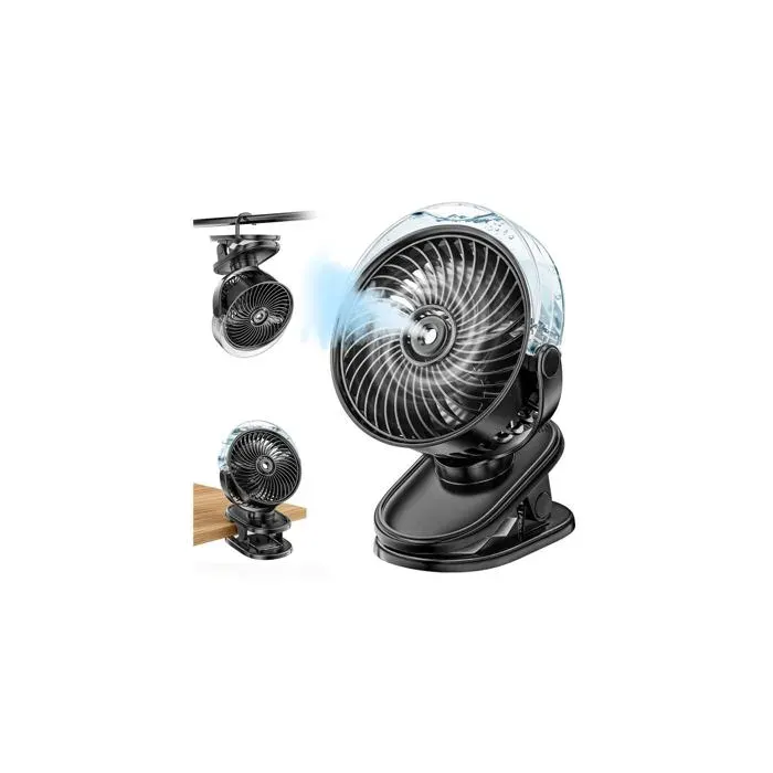 Ventilateur à pince avec fonction brumisateur petit ventilateur portable rechargeable par USB 5 vitesses rotation à 360° (noir)