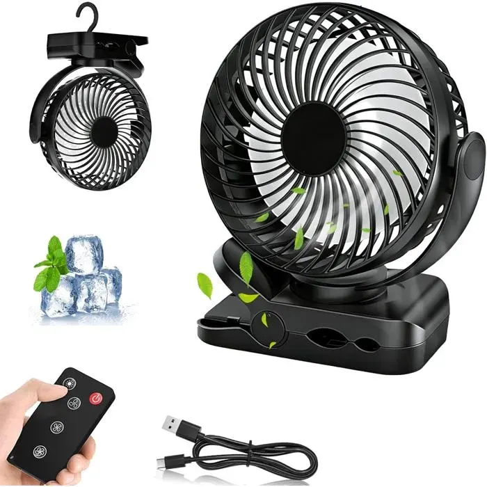 Ventilateur à Pince avec TélécommandeVentilateur USB Rechargeable 8000mAhMini Ventilateur Silencieux avec LED