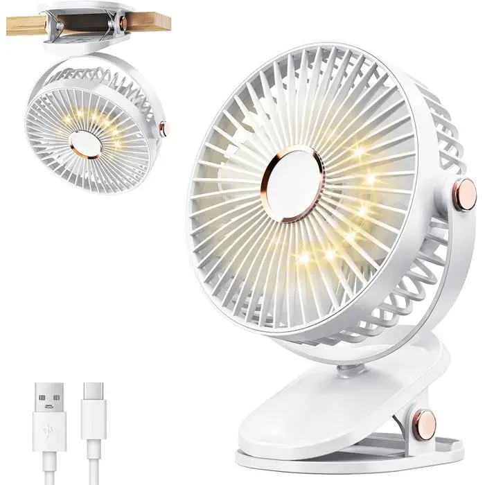 Ventilateur a Pince Rechargeable USB 1200mAh 4 Vitesses avec LED Rotation 360 Degres pour Bureau Maison Camping — coloris Blanc