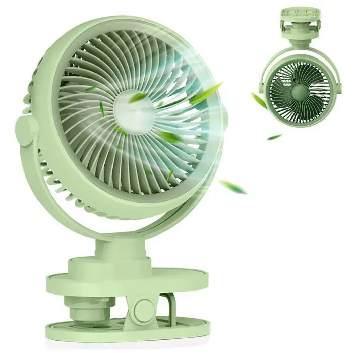 Ventilateur à Pince USB Rechargeable 800mAh5VitessesRotation 360°Pince Inversible Anti-RayuresCompact(Vert)