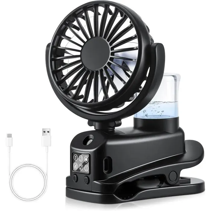 Ventilateur à Pince Ventilateur de Bureau à 4 Vitesses Mini Ventilateur Rechargeable par USB avec Spray Humidificateur- Noir