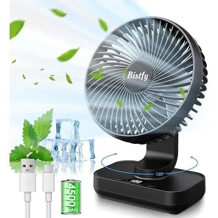 Ventilateur Automatique Oscillant Ventilateur Bureau Silencieux Portable 4500mAh Rchargeable Charge Rapide 2A Noir