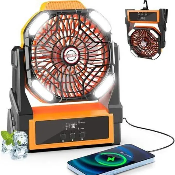 Ventilateur Batterie pour Camping 20000mAh Puissant Silencieux avec Lumière LED et Crochet 4 Vitesses Réglables