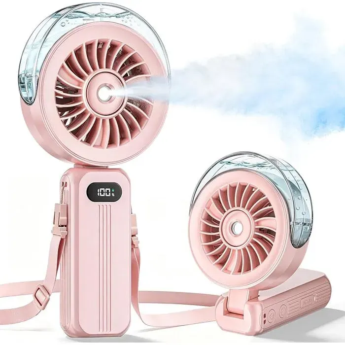 Ventilateur brumisateur 3-en-1 rose 6000mAh - 4 vitesses écran LED poche camping sortie estivale NORVYN