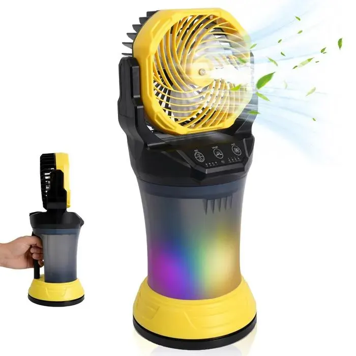 Ventilateur Brumisateur Portable 15000mAh Rechargeable4 Vitesses OscillantLumière RGB2L Réservoir pour Camping Sport jaune