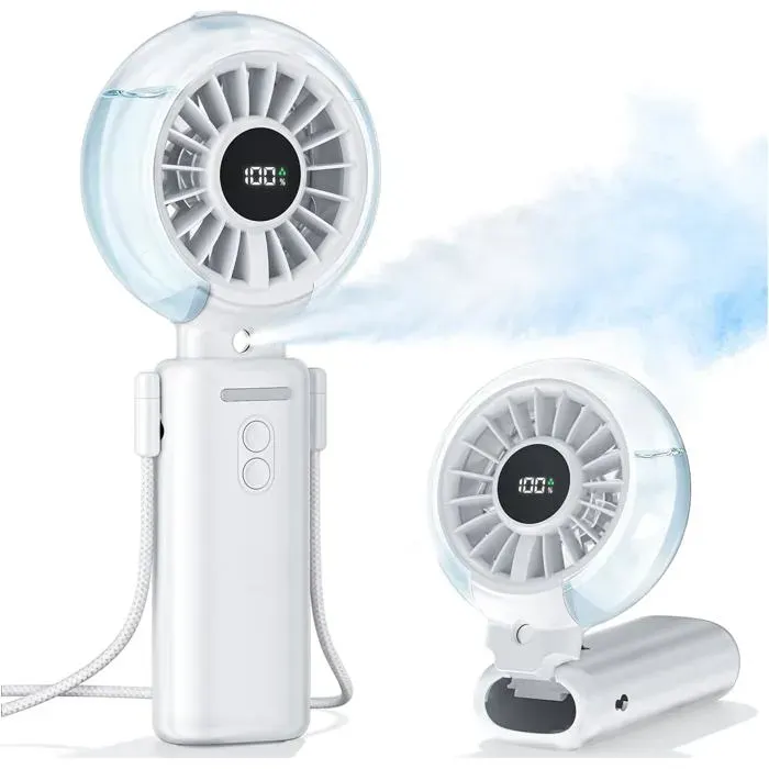 Ventilateur brumisateur portable 3-en-1 - 100 vitesses 2 modes brumisation écran LED - batterie 6000 mAh rechargeable USB-C — coloris Blanche