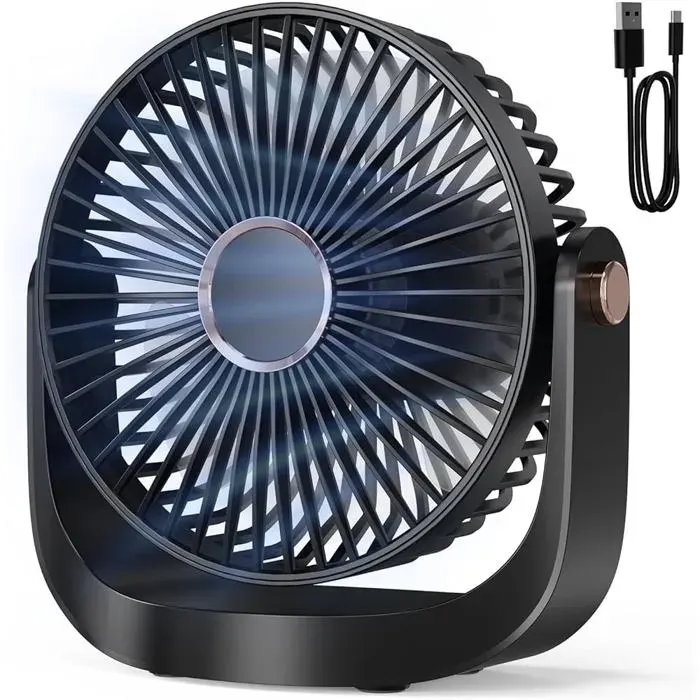 Ventilateur Bureau USB 3000mAh – 5 vitesses silencieux 20dB rotation 360° veilleuse LED 8h autonomie – pour bureau nuit voyage