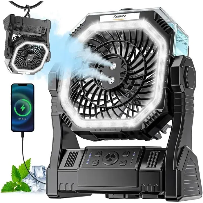Ventilateur Camping avec Brumisateur et Minuterie20000mAh Ventilateur Rechargeable de 4 VitessesVentilateur Batterie de Table USB