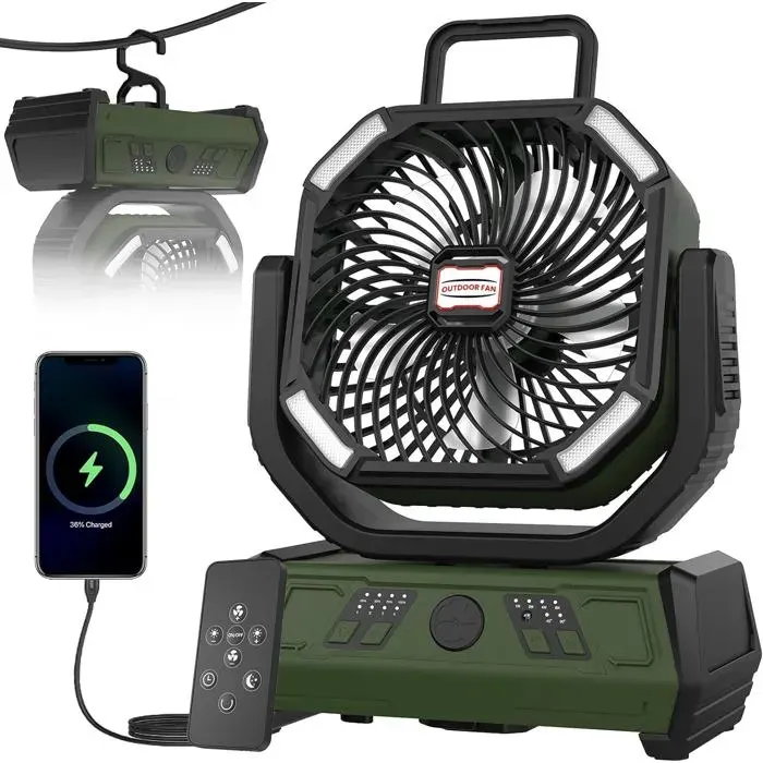 Ventilateur camping batterie 20000mAh fonction powerbank lumière télécommande crochet 4 vitesses vert militaire