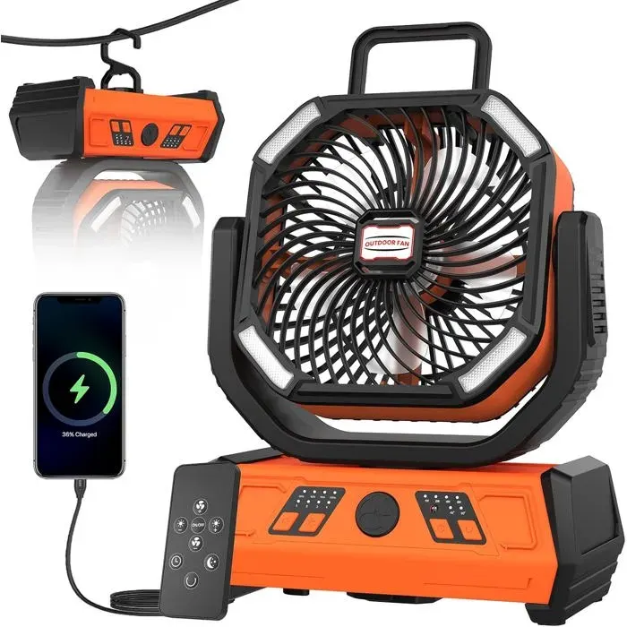 Ventilateur camping batterie 20000mAh powerbank lumière télécommande crochet 4 vitesses orange noir